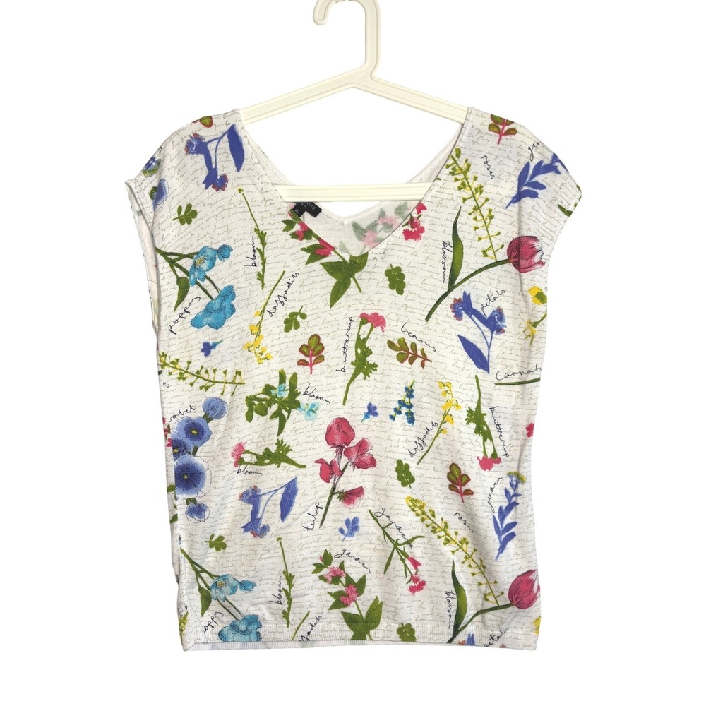 Talbots Petite Floral Botanical V-Neck Cap Sleeve Knit Top White MP Cotton Rayon